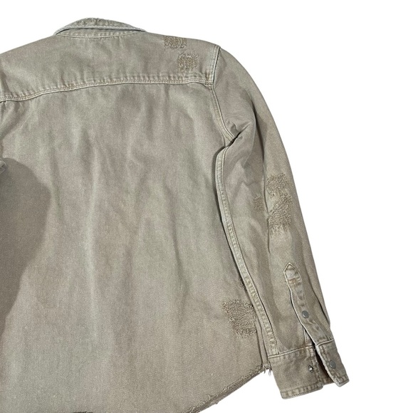 Zara Ripped Denim Overshirt Medium Khaki Shirt Jacket Distressed Denim Western - Picture 12 of 16